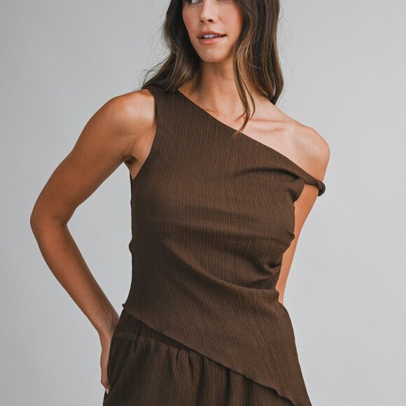 NWT Mable Brown Soft Textured Fabric Set One Shoulder Twist Top & Long Pants - Picture 2 of 7